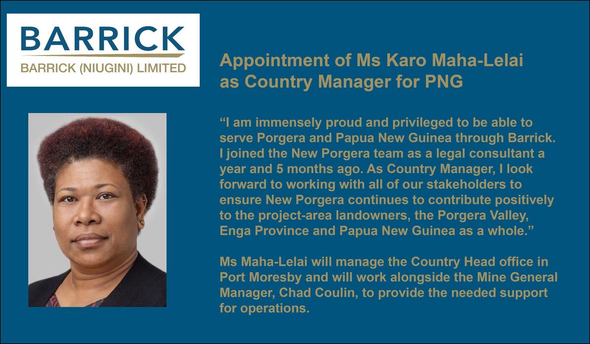 Ms Karo Maha-Lelai Appointed as Barrick Niugini PNG Country Manager